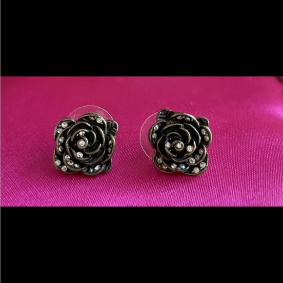 Betsey Johnson Jewelry - Betsey Johnson Vintage Burnished Bronze Crystal Studded Rose Flower Earrings